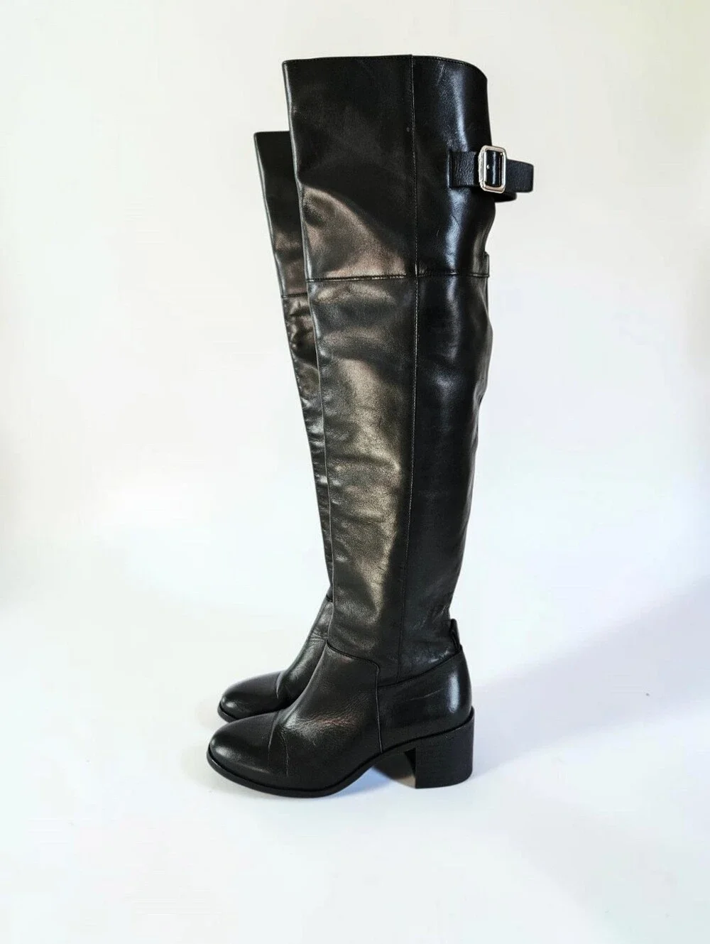 Zara Classic Black Over-the-Knee Buckle Detail Block Heel Almond Toe Tall Boot 6